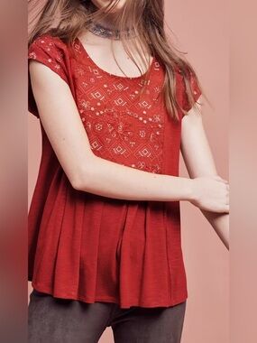 Akemi + Kin by Anthropologie Brick Red Embroidered Short Sleeve Blouse - Size S